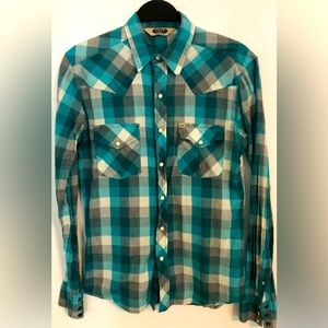 Salt Valley Men's XS Pearl Snap teal blue, white, Plaid Rockabilly Western Shirt